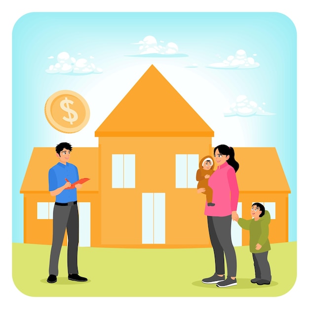 A Venezuelan family buying their first property as an investment, with a real estate agent handing them the keys. The scene represents a secure and stable future through asset diversification.