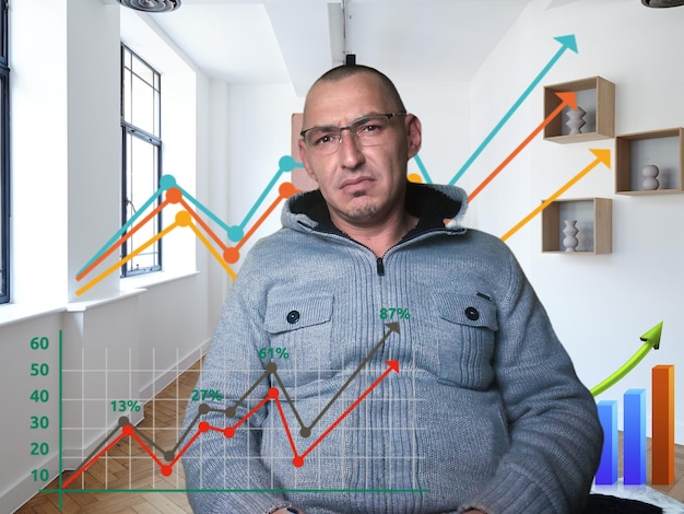 a stressed Venezuelan entrepreneur looking at a graph with declining numbers, symbolizing the need for a financial safety net