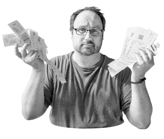 A person looking stressed while holding bills in their hands, contrasted with an image of a calm person managing their finances on a laptop, illustrating the difference between not having and having an emergency fund.
